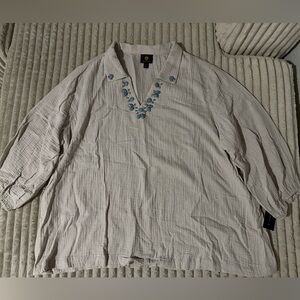 Beige Blouse with Turquoise Jeweled Accents